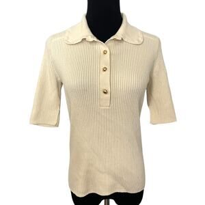 Banana Republic Merino Wool Ribbed Collared Sweater Short Sleeve Retro Cream LP